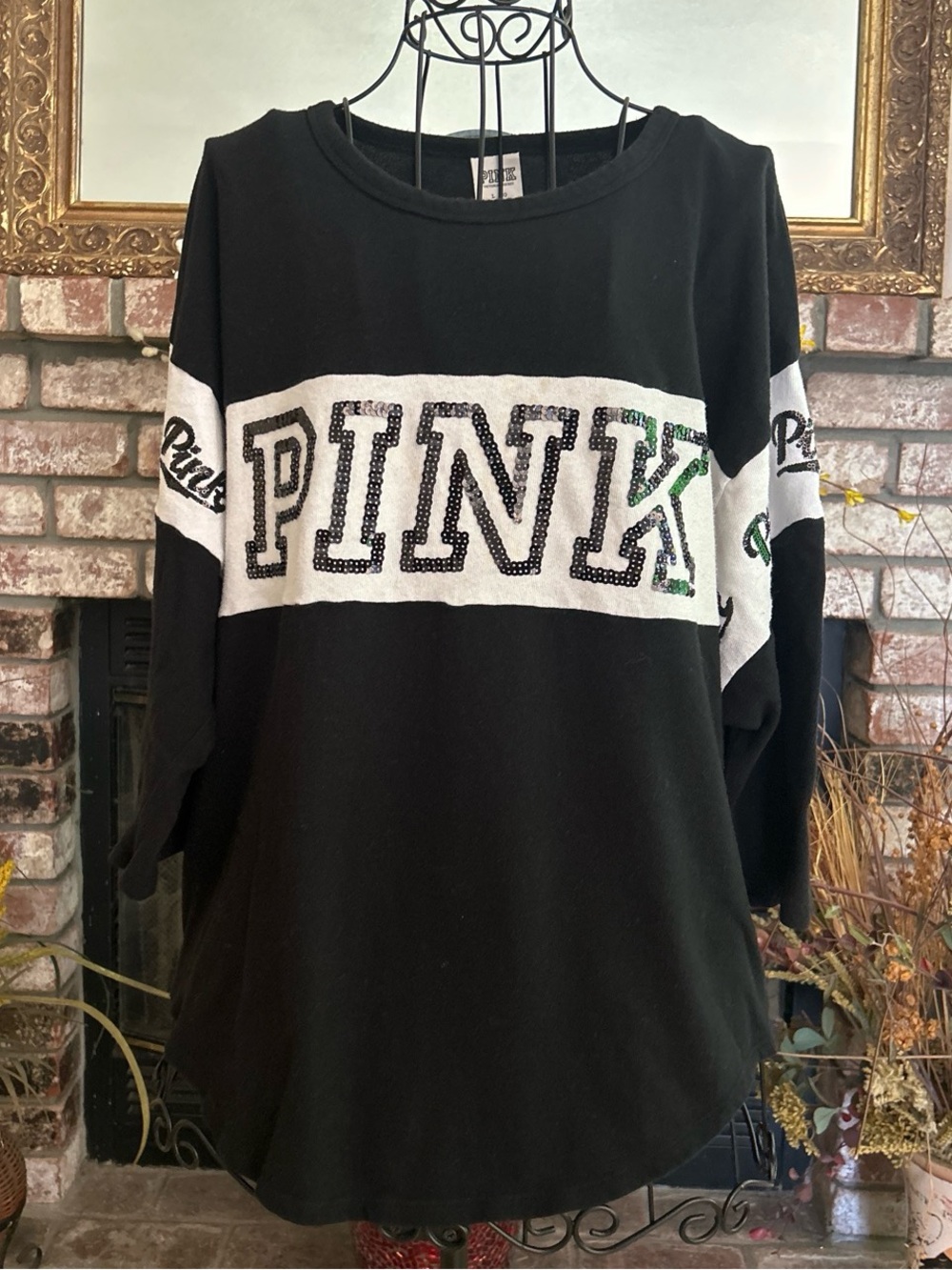 Victoria Secret Pink Black White Boyfriend Jersey Bling Tee Sz L